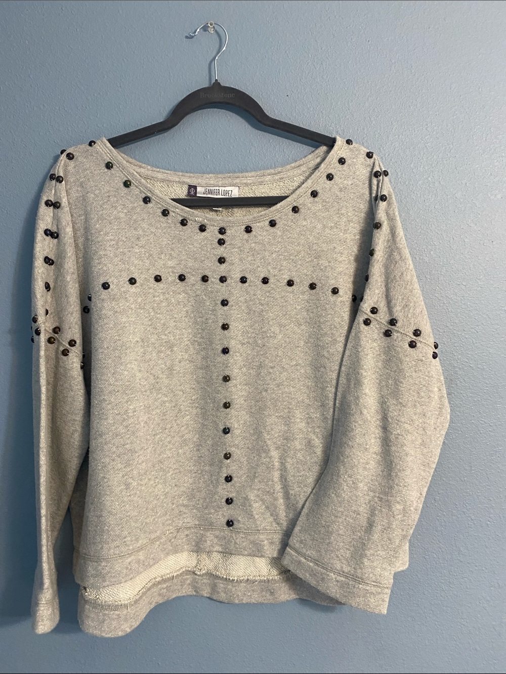 Jennifer Lopez Gray Studded Cross-Detail Sweatshirt
